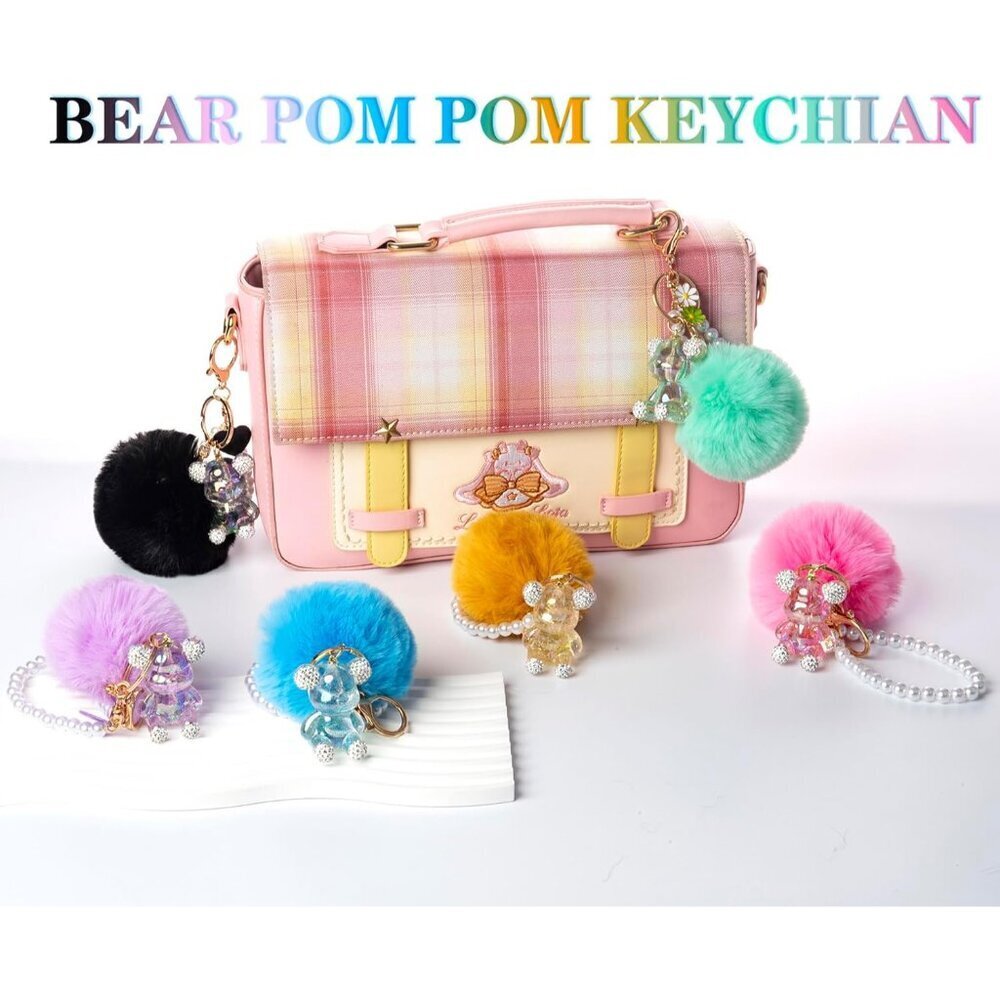 Cute Teddy Bear Keychain Bling Pom Pom Wristlet for Women Gifts - Picture 5 of 7